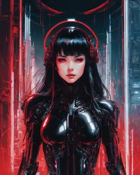 1 weiblicher Cyborg,  Hände am Kinn, 
mechanische Arme
Farbverlauf
rotes Leder eng, 
schwarzes langes Haar
Ganzkörper
(gradient color ink   art by   Yuumei Harumi Hironaka  H.R.Giger)