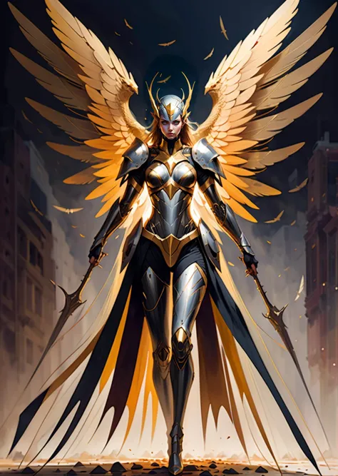 1 female warrior,  wings, leaning forward ,dynamic pose, perspective  intense, serious, 
 elegant, mechanical arms full body, wi...