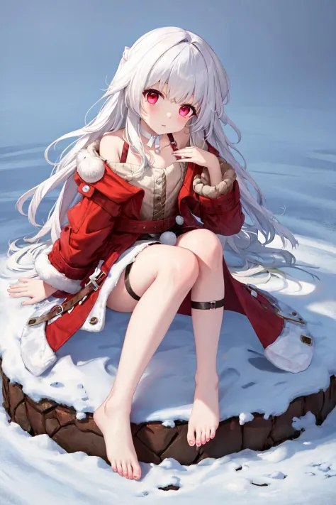 best quality, absurdres, masterpiece, extremely clear,
1girl, long hair, long sleeves, bangs, belt, red eyes, white hair, red jacket, open jacket, white choker, white dress, single thigh strap, fur trim, barefoot, snow, full body, sitting, feet, toes,
star...