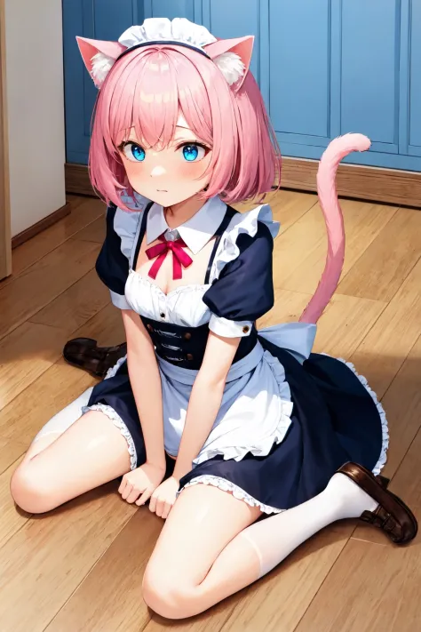 best quality, absurdres, masterpiece, extremely clear, ultra-detailed, beautiful lighting,
1girl, cat girl, cat ears, cat tail, maid, loli, small breasts, pink hair, blue eyes, wariza, white socks, shy, loafers, panties, looking away, wooden floor