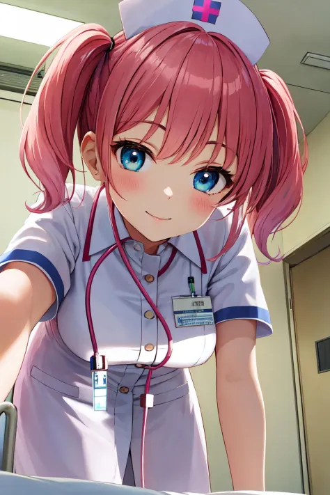 best quality, absurdres, masterpiece, extremely clear, ultra-detailed,
1girl, nurse, hospital, hospital bed, pink hair, short twintails, blue eyes, bent over, white shirt, white nurse cap, light smile, looking at viewer, from below