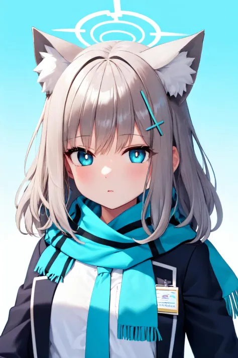 best quality, absurdres, masterpiece, extremely clear, ultra-detailed,
1girl, shiroko, halo, animal ears, animal ear fluff, grey hair, medium hair, hair ornament, blue eyes, mismatched pupils, white shirt, scarf, jacket, necktie, expressionless,  <lora:Shi...