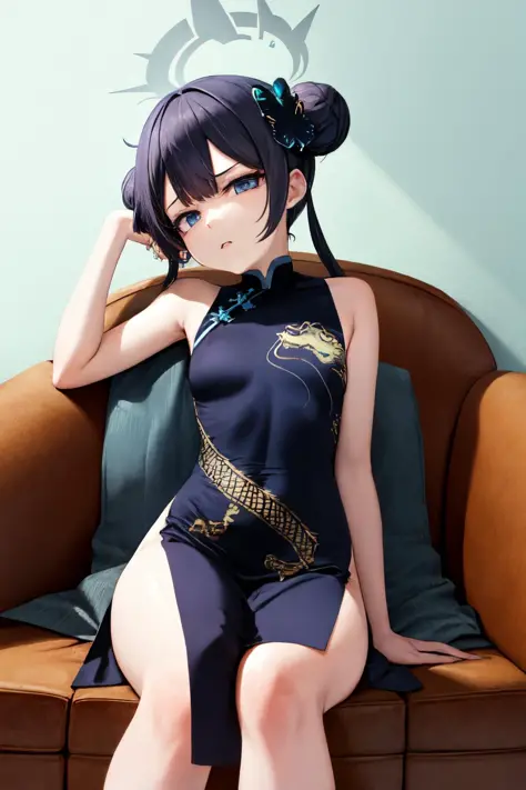 best quality, absurdres, masterpiece, extremely clear, ultra-detailed,
1girl, kisaki, halo, china dress, hair bun, sleeveless, twintails, hair ornament, coat sitting, couch, from below, crossed legs, disgusted, frown, looking down at viewer, raised eyebrow...
