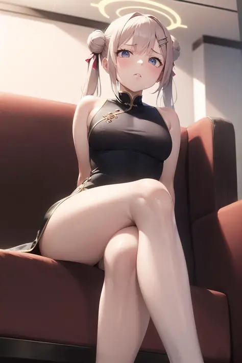 best quality, absurdres, masterpiece, extremely clear, ultra-detailed, 1girl, kisaki, halo, china dress, hair bun, sleeveless, twintails, hair ornament, coat sitting, couch, from below, crossed legs, disgusted, frown, looking down at viewer, raised eyebrow...