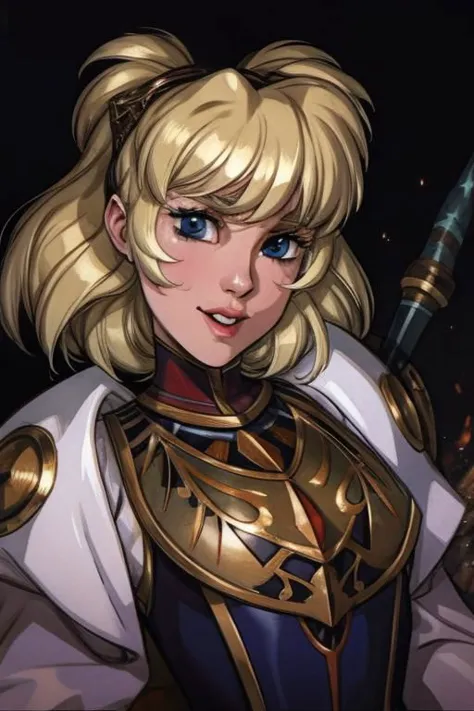 a woman with blonde hair and blue eyes holding a sword