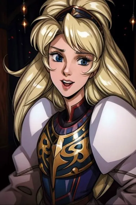 a cartoon image of a blonde woman with long hair and a sword