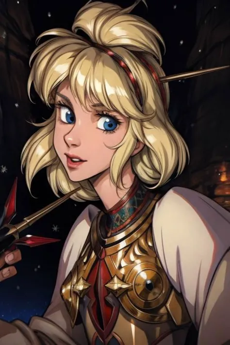 a woman with blonde hair and blue eyes holding a wand