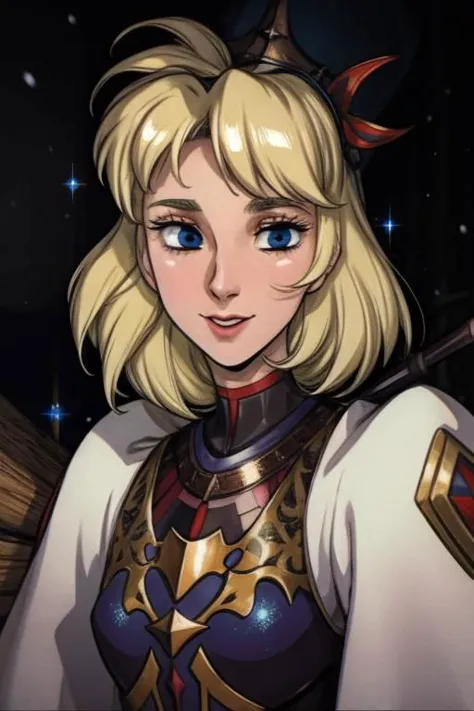 a woman with blonde hair and blue eyes holding a sword