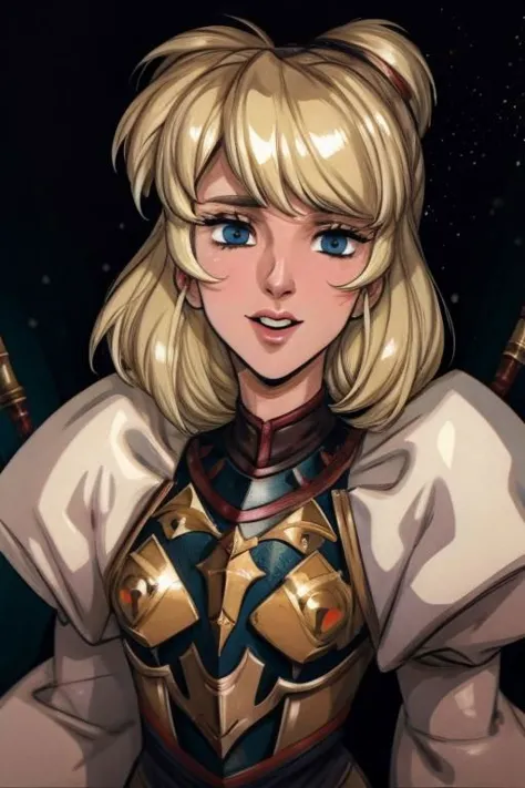 a woman with blonde hair and blue eyes holding a sword