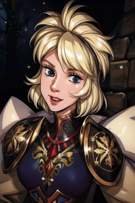 a woman in armor with blonde hair and blue eyes