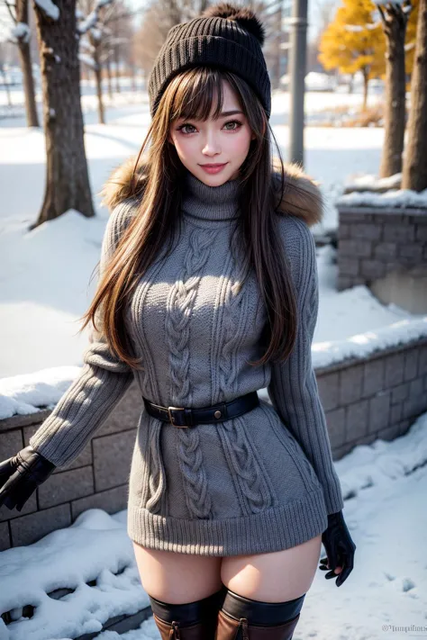 winter outdoors,winter coat with fur,knee high boots,thighhigh stockings,knit sweater,knit hat,cut out,nipples are erect,
best q...