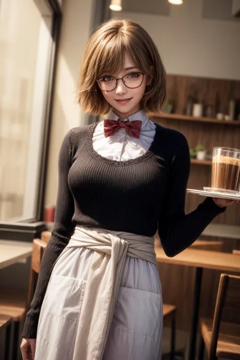 female garcon,long Apron (below the waist:1.2),Inside the cafe,bow tie,cowboy shot,holding a tray with coffee on it,
best quality, highly detailed, masterpiece, absurdres,    deep eyes,photorealistic, realistic,detailed skin texture, brown eyes,
1girl,(hap...