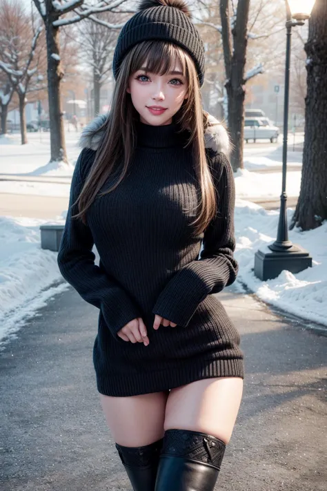 winter outdoors,winter coat with fur,knee high boots,thighhigh stockings,knit sweater,knit hat,cut out,
best quality, highly detailed, masterpiece, absurdres,8k,   photorealistic, realistic,detailed skin texture,detailed pupils,HDR,natural lighting,
1girl,solo,(happy:1.1),(smile:1.2),(angular face:1.2),shiny face,medium breasts, narrow waist, lip makeup,