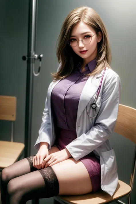 female doctor,Sitting cross-legged on a chair in the (examination room:1.2),miniskirt ,doctor's white coat,thigh high stocking,S...
