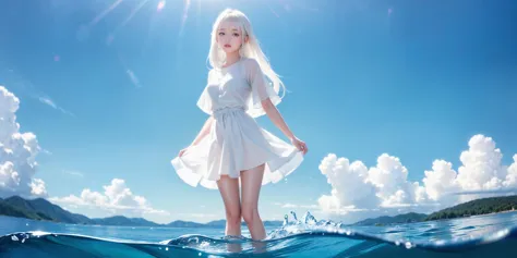 masterpiece, best quality, ultra high res, 1girl, blue theme, <lora:bluetheme_skywater:0.5>, sky, water, standing on water, whit...