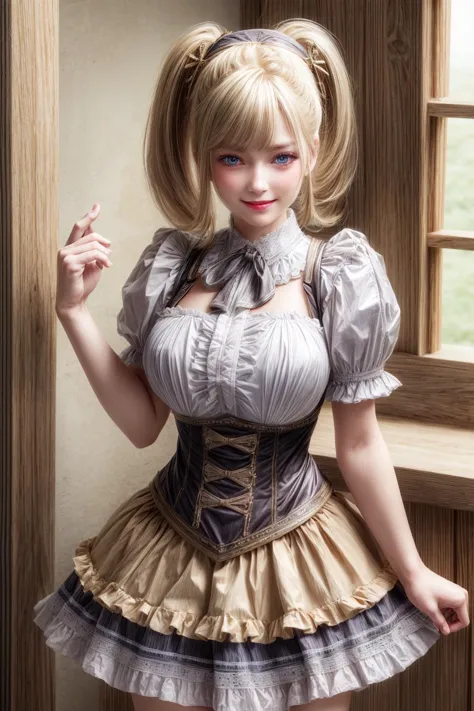 gathered skirt, underbust,  frills, short sleeves, hair ornament,cowboy shot,twintail,blond,
best quality, highly detailed, masterpiece, absurdres,8k,   photorealistic, realistic,detailed skin texture,detailed pupils,HDR,natural lighting,
1girl,solo,(happy...