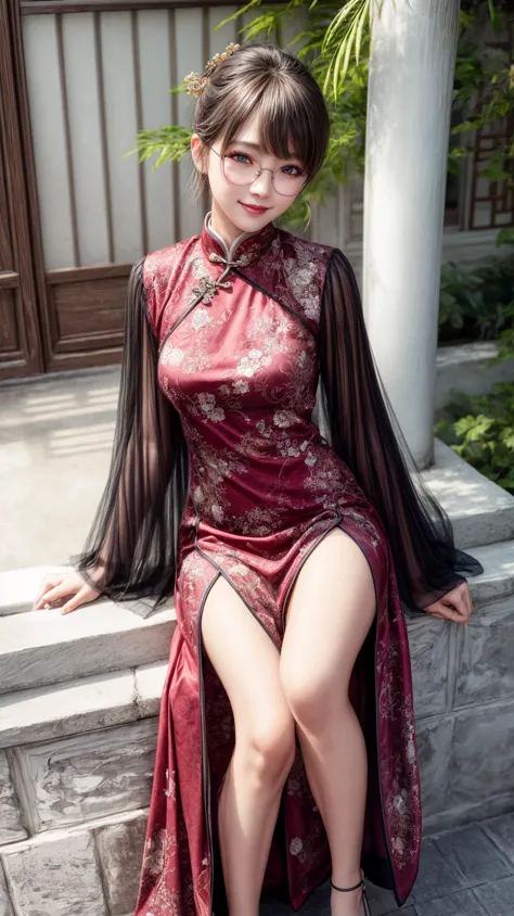 china dress,chinese garden,brown dress,Full body shot, 
best quality, highly detailed, masterpiece, absurdres, (detail face,detailed eyes, detail hair:1.1),remarkable detailed pupils,photorealistic, realistic,detailed skin texture,
1girl,(solo:1.2),(smile:...