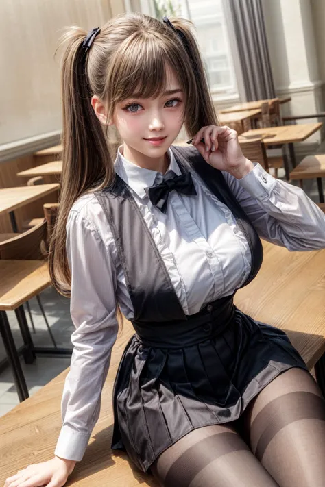 long hair,twintails,hairclip,waitress, bowtie,vest,wing collar,white shirt,long sleeves,black skirt,long skirt,(black pantyhose:1.2),(looking at viewer, sitting:1.1),,
dark theme,inside the cafe,
best quality, highly detailed, masterpiece, absurdres,8k,   ...