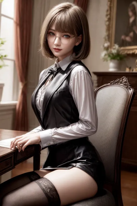 female butler,luxurious western-style building,black skirtsuit,vest,tie,thigh high stocking,marble desk and leather chair,sittin...