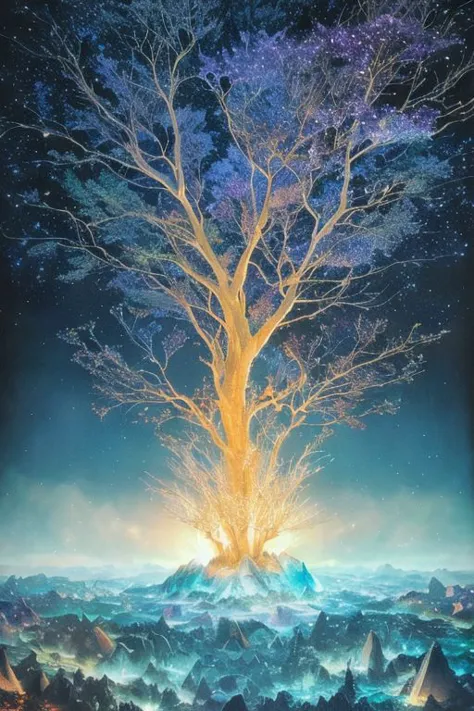 fire inside the crystal tree next to more crystal trees is an epic tree with a glowing cosmos, stars, galaxies, clouds, planets,...