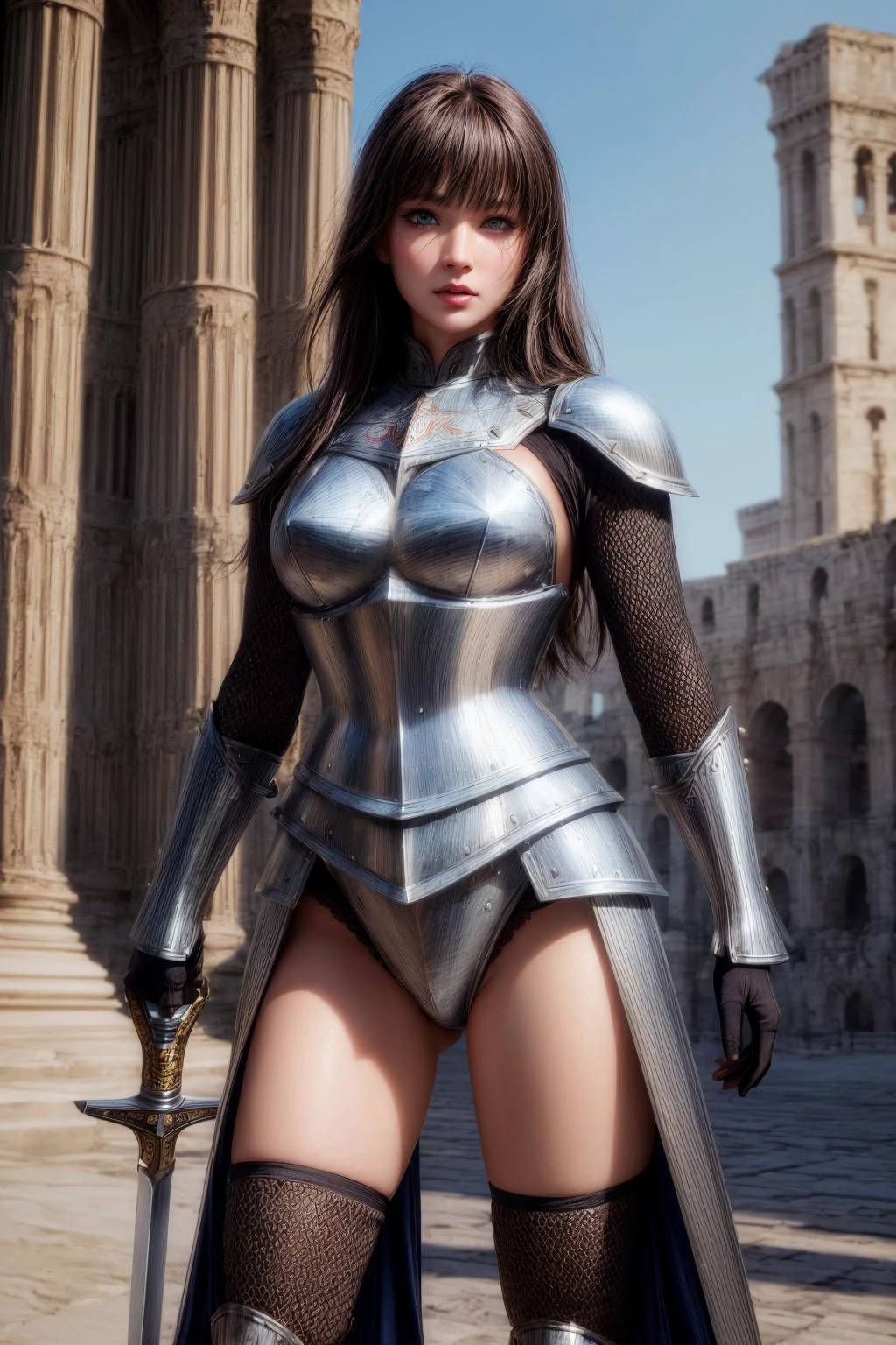 guerreiro,(guerreiro uniform,armadura de aço,escudo de aço,concha de aço,espada grande:1.3),em Colosseum,tiro de corpo inteiro, 
((melhor qualidade)), ((altamente detalhado)),photorealista, realista, Obra de arte, absurdos, textura detalhada da pele, (olhos detalhados, olhos profundos,detalhe do cabelo:1.0),alunos notáveis e detalhados,
1 mulher,(rosto redondo:1.1), (lábios+inventar:1.1), delineador+eye inventar,seios médios, cintura estreita,
