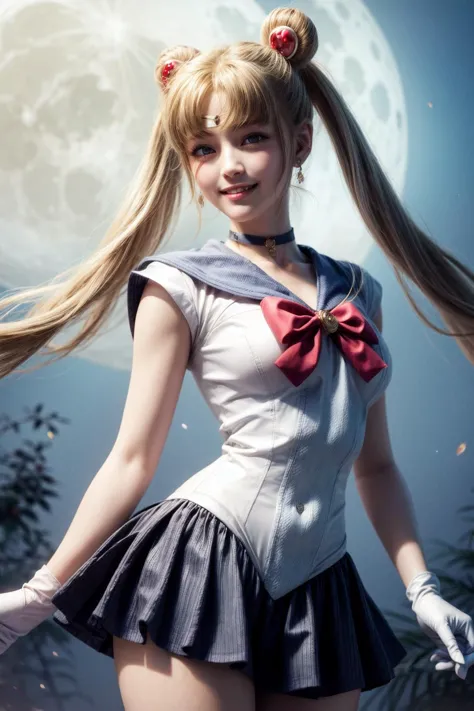 <lora:sailor_moon_v1:0.7>, aausagi, double bun, twintails, parted bangs, circlet, jewelry, earrings, choker, red bow, white gloves, elbow gloves, blue skirt,  standing,  outdoors,  bright light on the face,
( moon background:1.1),<lora:add_detail:1>,<lora:...