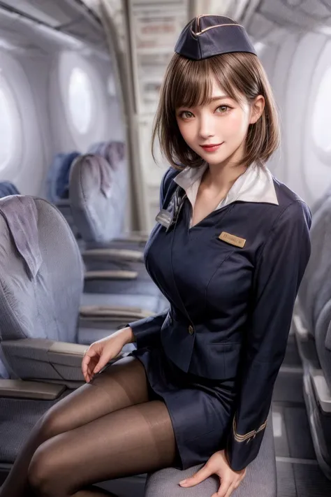 (stewardess clothes :1.3),japanese,(skirt suit:1.1),pantyhose,inside the plane,gold clothes,sitting on the seat,(Full body shot:...