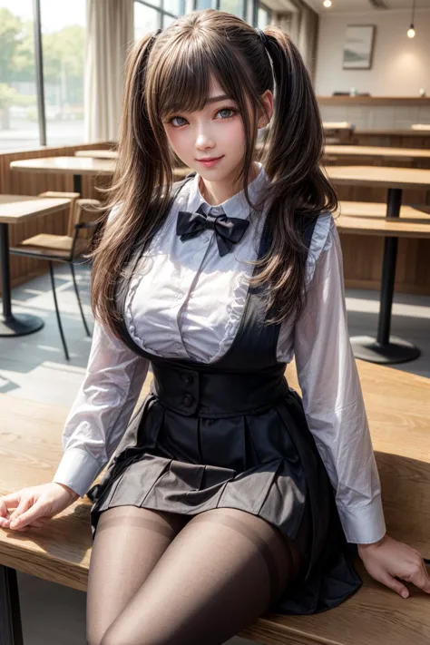 long hair,twintails,hairclip,waitress, bowtie,vest,wing collar,white shirt,long sleeves,black skirt,long skirt,(black pantyhose:1.2),(looking at viewer, sitting:1.1),,
dark theme,inside the cafe,
best quality, highly detailed, masterpiece, absurdres,8k,   photorealistic, realistic,detailed skin texture,detailed pupils,HDR,natural lighting,
1girl,solo,(happy:1.1),smile,<lora:hairdetailer:0.9>,(angular face:1.2),shiny face,<lora:add_detail:1>,huge breasts, narrow waist, lip makeup