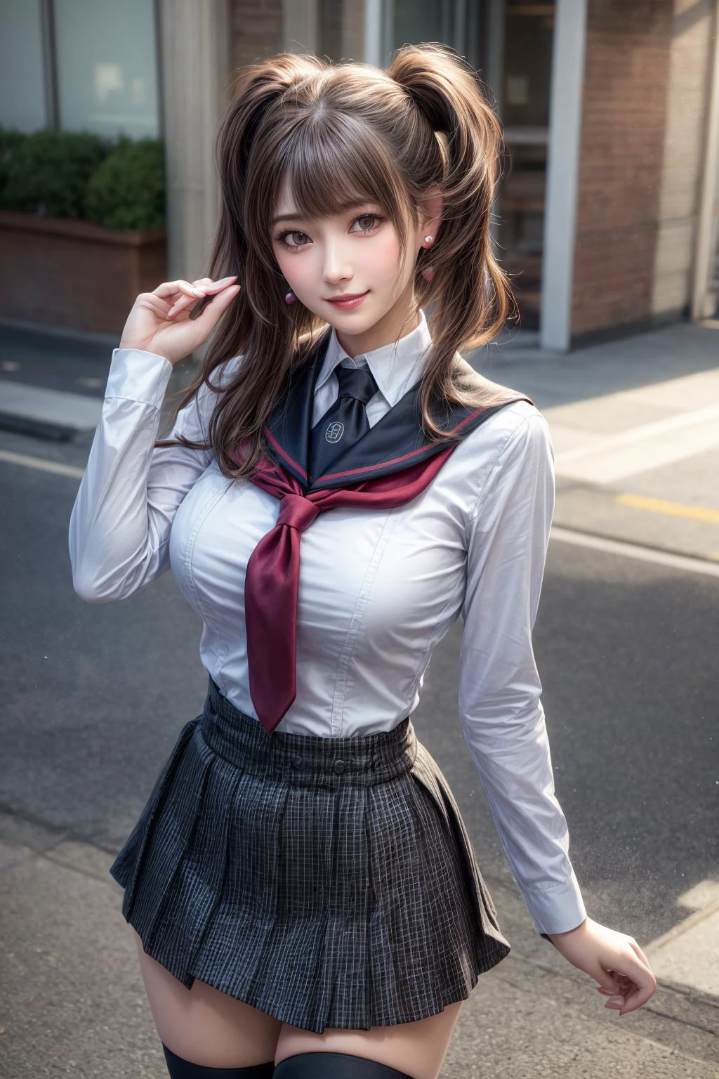 kujikawadef,twintails,,black serafuku,long sleeves,skirt,thighhighs,jewelry,earrings,standing,
best quality, highly detailed, masterpiece, absurdres,8k,   photorealistic, realistic,detailed skin texture,detailed pupils,HDR,natural lighting,
1girl,solo,(happy:1.1),(smile:1.2),shorthair,brown hair,(angular face:1.2),shiny face,large breasts, narrow waist, lip makeup,
