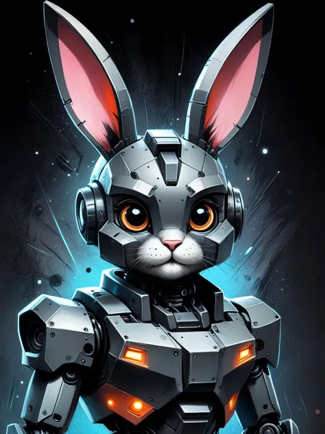 CharcoalDarkStyle illustration of a cute cartoon character, a clever robot bunny , space on the background, ((masterpiece)), (be...