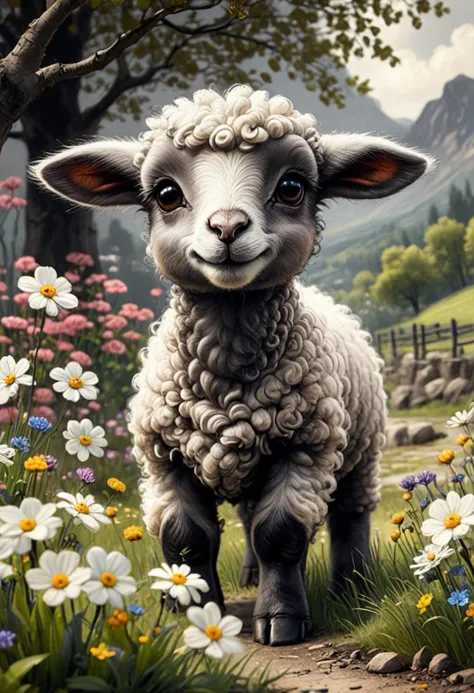 CharcoalDarkStyle, cute cartoon character, lamb enjoying springtime flowers, (((masterpiece))),(best quality),     