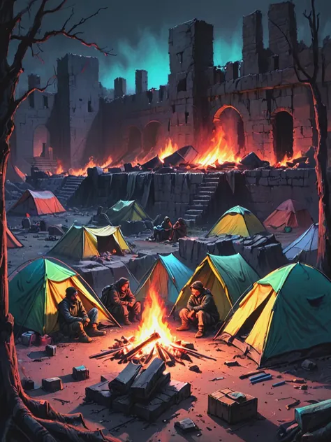 Charcoal sketch, rough, dark,  A makeshift campsite nestled in the ruins, where scavengers have gathered to rest and regroup. Te...