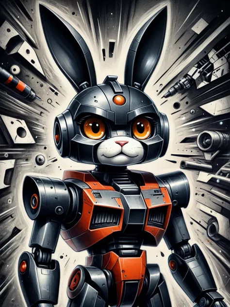 CharcoalDarkStyle  illustration of a cute cartoon character, a clever robot bunny ,  space on the background,  ((masterpiece)), ...