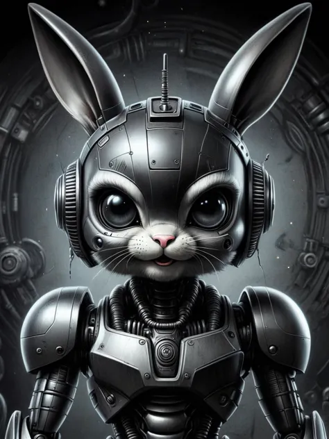 CharcoalDarkStyle  illustration of a cute cartoon character, a clever robot bunny ,  space on the background,  ((masterpiece)), ...