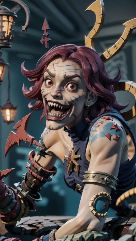 <lora:CultistChan:0.8> cultist chan, 1girl, short hair, purple hair, red eyes, tattoo, sharp teeth, scar, skinny, flat chest, Heroin Chic, derpy, BREAK, (chaos \(warhammer\:1.15), chaos:1.25), BREAK, Khorne, Tzeentch, Slaanesh, Nurgle, masterpiece, best quality, extremely detailed, highly quality, 4k, sharp focus, professional, sharp focus, award winning, cinematic lighting, octane render, unreal engine, volumetrics dtx, Wallpaper,