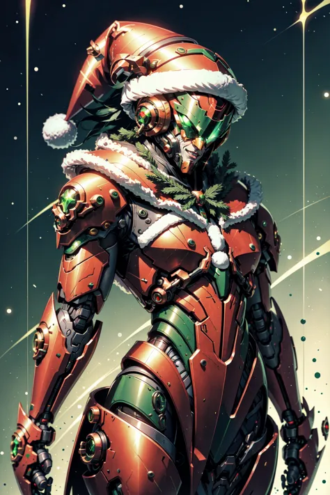 AiOverlordSanta, An evil cyborg in a santa costume dressed in green and red, santa hat, in the style of unreal engine 5, detaile...