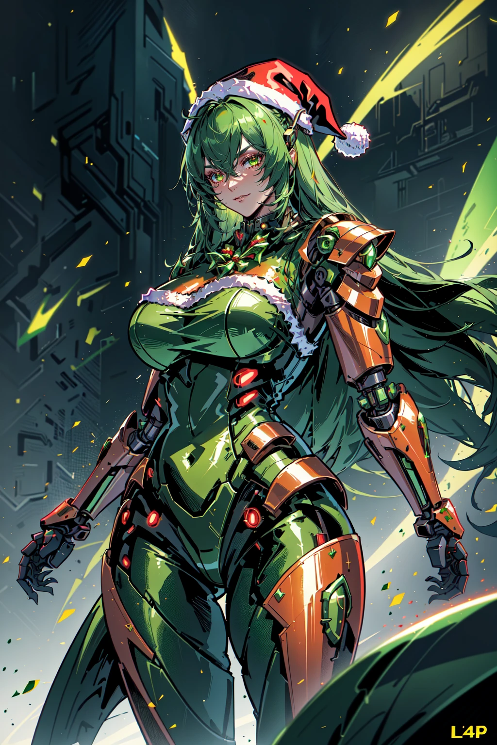 AiOverlordSanta, An evil cyborg in a santa costume dressed in green and red, in the style of unreal engine 5, detailed comic book art, 32k uhd, metallic finishes, wlop, 
