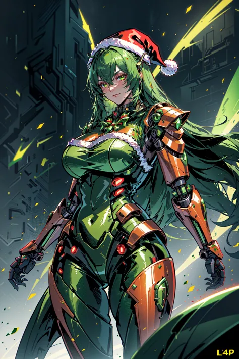 AiOverlordSanta, An evil cyborg in a santa costume dressed in green and red, in the style of unreal engine 5, detailed comic boo...