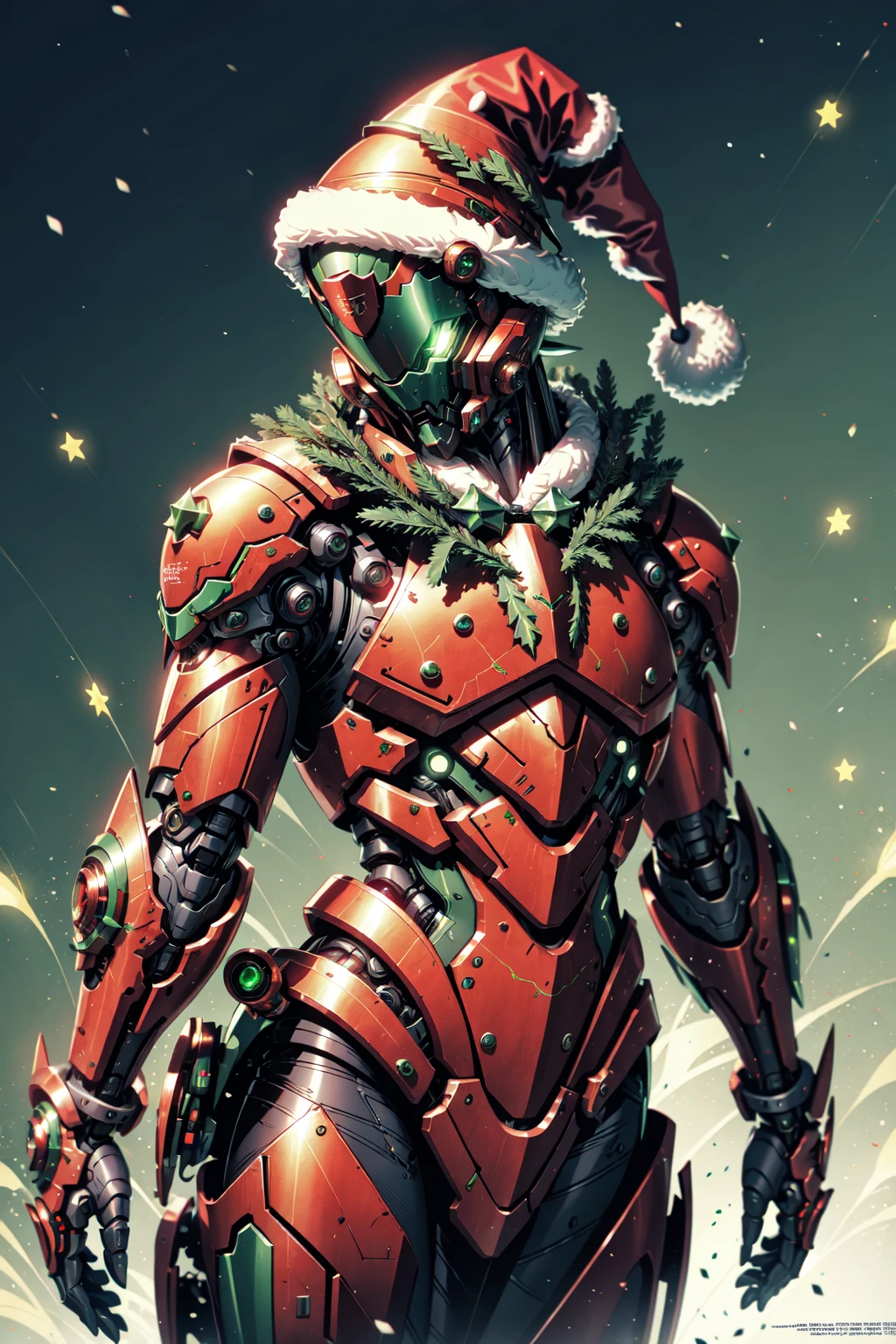 AiOverlordSanta, An evil cyborg in a santa costume dressed in green and red, santa hat, in the style of unreal engine 5, detailed comic book art, 32k uhd, metallic finishes, wlop, christmas theme, 