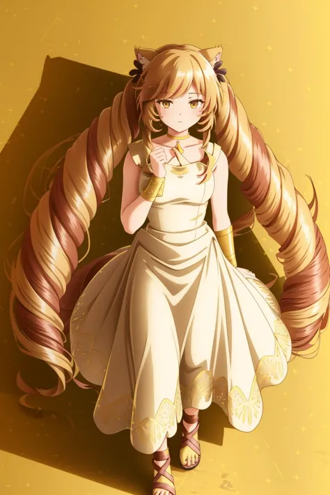 greek clothes,sleeveless dress,armlet,bracelet,sandals,,<lora:Flamme:0.8>  <lora:My LORA:0.7> Himeko, very long hair, red eyes, hair bow, twin_drills, twintails, long hair,cat ears, yellow cat ears, <lora:yutamix-extra-twinkle:0.3> masterpiece, best quality, yutamix-extra-twinkle, (((masterpiece))), (((best quality))), (((illustration))), (((finely detail))), ((extremely detailed cg unity 8k wallpaper, highres)), (beautiful detailed face and eyes and hair:1.1), (an extremely delicate and beautiful girl:1.2), ultra-detailed, ultra high res, high quality, 4K, extreamly delicate and beautiful, full_body, standing,  in full growth, hourglass waist