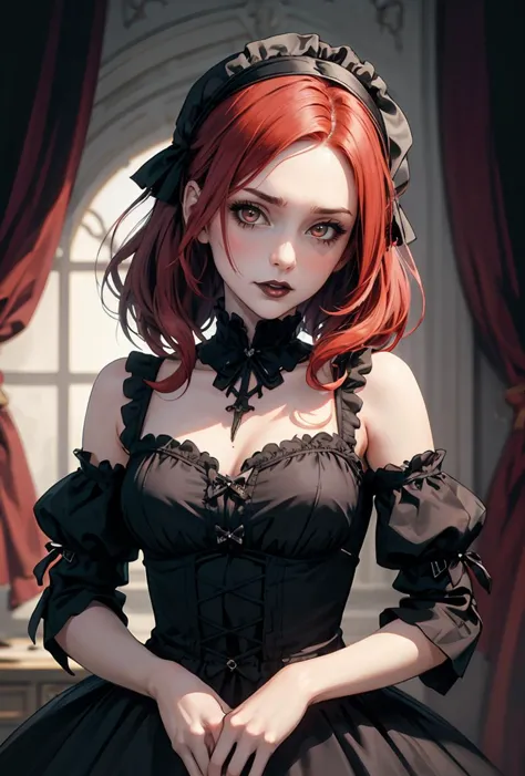 a close up of a woman in a dress with a red hair