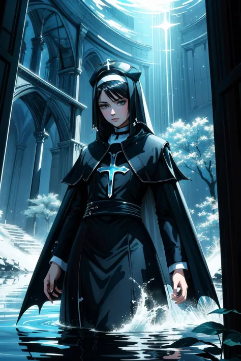 a woman in a black cloak standing in water with a sword