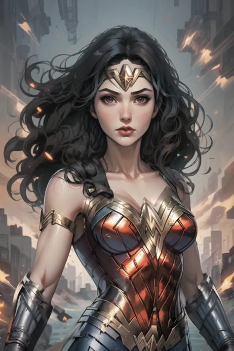 wonder woman in armor standing in front of a city