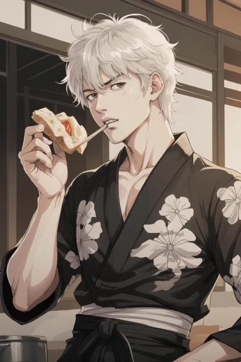 anime guy with white hair eating a hot dog in a kimono