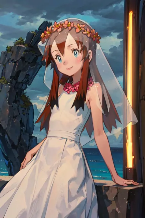 <lora:Melody_Pokemon:0.8>  Melody_Pokemon, blue eyes, long hair, brown hair,  white dress, bridal veil, flowers, head wreath, smile, ocean, cliff, <lora:kuroboshi_kouhaku_style_v01:0.85> cowboy shot,  facing viewer,, absurdres, ultra detailed, masterpiece, best quality, aesthetic, detailed,