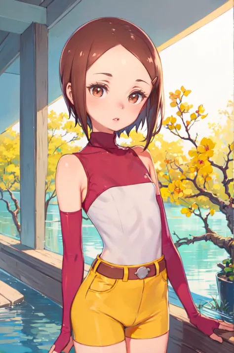 <lora:Hikari:1> HikariDef, brown eyes, red eyes, brown hair, short hair, hair ornament, hairclip, sleeveless shirt, turtleneck, bare shoulders, elbow gloves, fingerless gloves, high-waist shorts, yellow shorts, belt, jewelry,  <lora:kuroboshi_kouhaku_style_v01:1>, absurdres, ultra detailed, masterpiece, best quality, aesthetic, detailed,