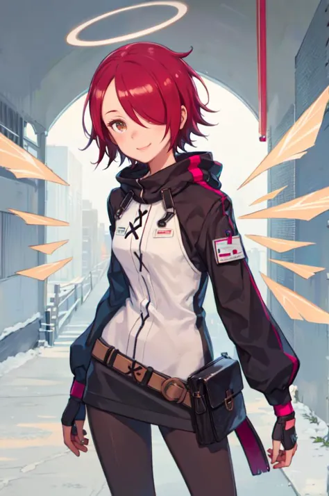 <lora:exusiai:1> exusiai, 1girl, solo, red hair, short hair, brown eyes, hair over one eye, halo, jacket, belt, black pantyhose, detached wings, black skirt, fingerless gloves, smile,  <lora:kuroboshi_kouhaku_style_v01:1>, absurdres, ultra detailed, masterpiece, best quality, aesthetic, detailed,