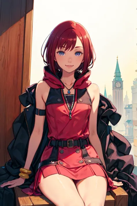 smile, sitting, throne,  <lora:kairi_v1:0.7>  cckairi, medium hair, necklace, bare shoulders, hoodie, buttons, sleeveless, bracelet, belt buckle, black belt, pink skirt,  <lora:kuroboshi_kouhaku_style_v01:1>, absurdres, ultra detailed, masterpiece, best quality, aesthetic, detailed,