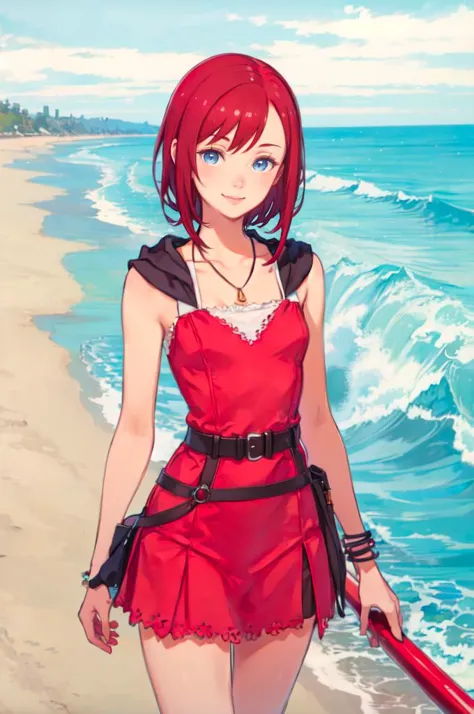 a woman in a red dress standing on a beach next to the ocean