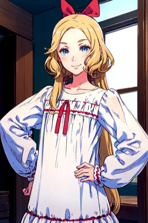 solo, cowboy shot, smile, hands on own hips, <lora:CastlevaniaMaria-v1:0.6> ChopioMaria, blue eyes, blonde hair, very long hair, wavy hair, eyelashes,  outfit_2, red hair ribbon, sleepwear, white nightgown, white ribbon, puffy long sleeves, sleeves past wrists, <lora:kuroboshi_kouhaku_style_v01:1>, absurdres, ultra detailed, masterpiece, best quality, aesthetic, detailed,